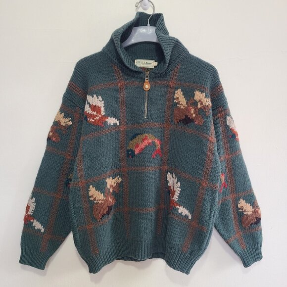 L.L.Bean Other - Vintage L.L.Bean 90s Animal Pattern Half-Zip Sweater Knit Size L Green